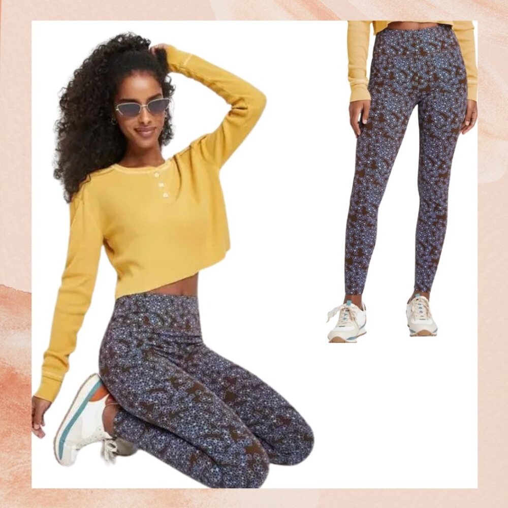 Brown Blue Floral High-Waist Ankle Leggings